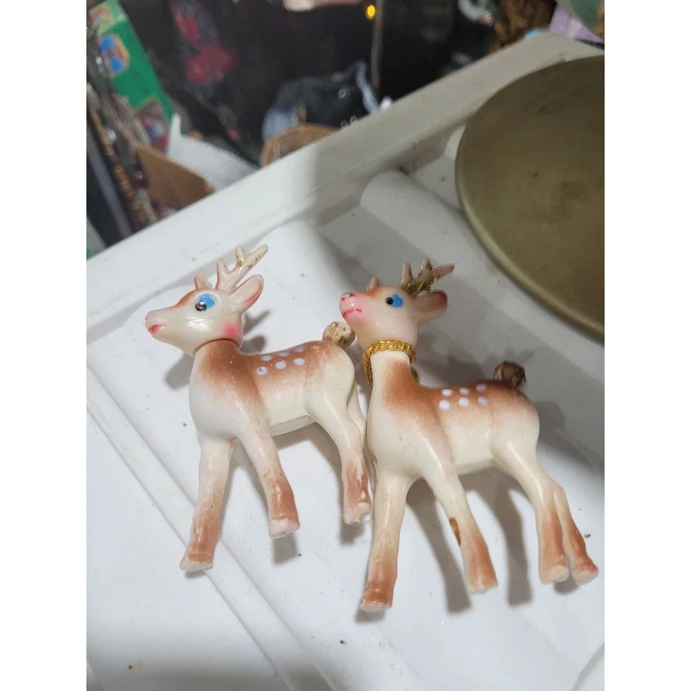 2 Small Plastic Fawn Deer Hong Kong Gold Bell Vintage
